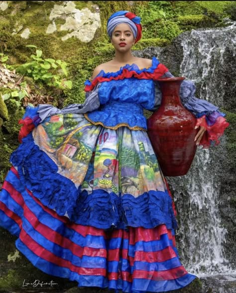 Haitian Cultural Clothing, Traditional Carribean Clothing, Traditional Haitian Clothing, Traditional Jamaican Clothing, Haitian Karabela Dress, Brazilian Dress Traditional, Karabela Dress Haiti, Dominican Dress, Haiti Aesthetic