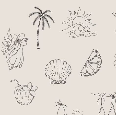 shelleytattoos on Instagram: "some beachy flash for you guys! 🌞🐚🍋🥥🌴✨  designs are all repeatable, deals for multiples! pop me a dm to book!🫶🏼  #tattooinspo #tattooideas #finelinetattoo #tattoos  #lineworktattoo #tattoolovers #tattooflash #littletattoos #smalltattoo #girlytattoos #tattoolove #trurotattoo #newquaytattoo #flashtattoo #tattoosofinstagram #killerink #inked #cornwalltattoo #tattooflash #beachtattoo #holidaytattoo #summertattoo #tinytattoos #wavetattoo #shelltattoo #floraltattoo" Beach Inspired Tattoos For Women, Beachy Sleeve Tattoo, Wave Ocean Tattoo, Carribean Tattoo For Women, Hawaiian Fine Line Tattoo, Beach Flash Tattoo, Coastal Doodles, Fine Line Beach Tattoo Ideas, Simple Beach Tattoos