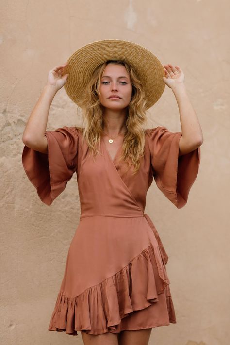 Sunset Soiree, Women Event, Bohemian Bridesmaid, Elegant Summer Dresses, Baked Clay, Wing Sleeves, Baking Clay, Floaty Dress, Cascading Ruffles