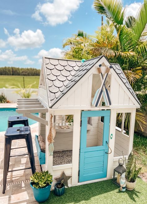 Beach Hut Playhouse Makeover – Emelia Simoneau Beach Hut Playhouse, Beach Playhouse Makeover, Surf Shack Playhouse, Tiki Playhouse, Coastal Playhouse, Beach Playhouse, Little Tikes Playhouse Makeover, Playhouse Door, Beach Hut Shed