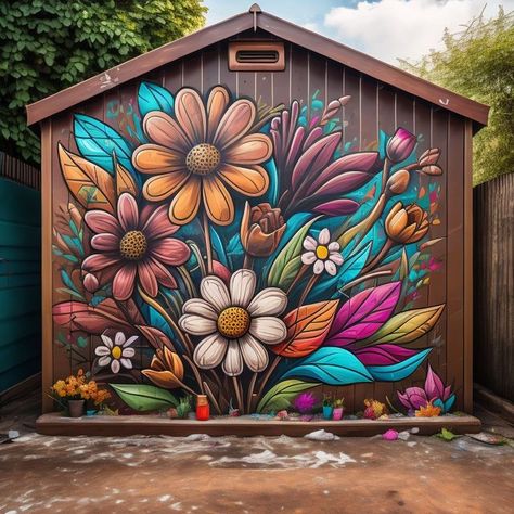 Flower Mural Door, Shed Mural, Hedgehog Garden, Mural Outdoor, Woods Living, Mural Garden, Backyard Creations, Propane Tanks, Garden Fence Art