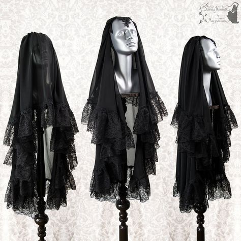 Victorian Widow Aesthetic, Black Veil Outfit Aesthetic, Veil Outfits, Goth Veil, Goth Halloween Costume Ideas, Dark Queen Dress, Gothic Veil, Head Peice, Goth Halloween Costume