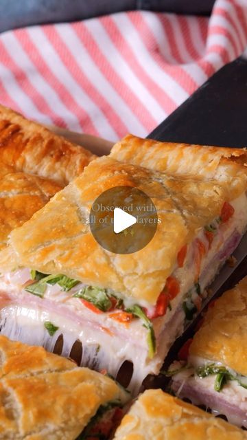 12 Tomatoes on Instagram: "Our new favorite way to make a hot sandwich 🥪😌  RECIPE BELOW ⬇️  1 (17 oz) box frozen puff pastry, thawed 12 slices mozzarella cheese, divided 6-8 slices deli ham 6-8 slices deli turkey ⅓ cup mayo 1 tablespoon spicy brown mustard 1 cup roasted red peppers, drained ⅓ cup sliced red onion 1 cup arugula 1 egg, beaten  PREPARATION Preheat oven to 350 degrees F and line a baking sheet with parchment paper. Unroll thawed puff pastry and use a rolling pin to roll the dough out so it is slightly thinner and larger in size. Place one sheet of dough on the prepared baking sheet and use a sharp knife to score a border 1 inch from the edge of the sheet on all sides. Bake sheet for 10-12 minutes or until puffed and golden. As pastry bakes, mix together mayo and mustard in a Puff Pastry Italian Sandwich, Puff Pastry Sandwich Recipes, Recipes Using Puff Pastry Sheets, Deli Meat Sandwiches, Turkey Pizza, Crescent Bake, Hot Sandwich Recipes, Baked Sandwiches, Turkey Ham