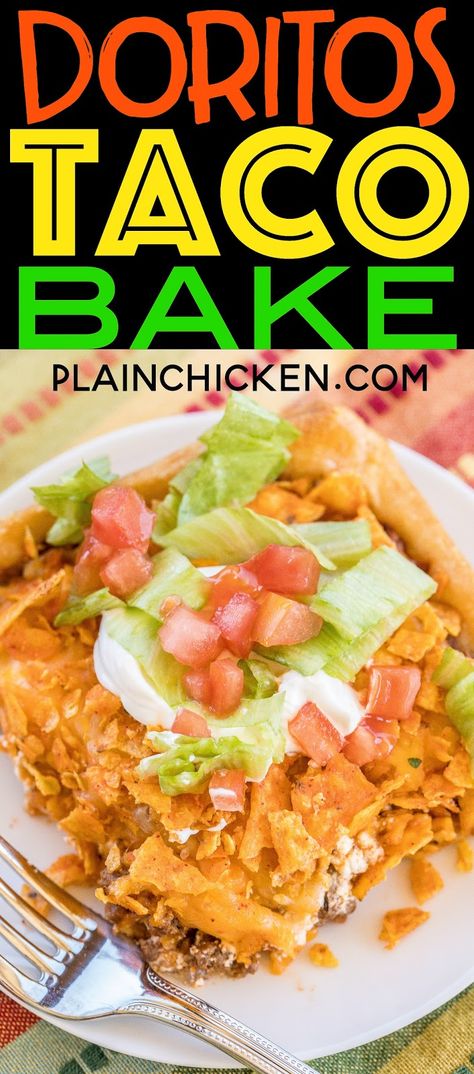 Doritos Taco Bake - OMG! SO good! crescent rolls topped with taco meat, tomato sauce, sour cream, cheese and doritos! Kids gobble this up! Ready in 30 minutes. Quick,easy, kid friendly and delicious! You can't beat it! #mexican #casserole #Doritos #kidfriendly Doritos Taco Bake, Casserole Doritos, Dorito Taco Bake, Meat Tomato Sauce, Doritos Chicken, Doritos Taco, Easy Kid Friendly Dinners, Kid Friendly Meals Dinner, Taco Bake