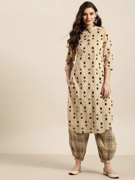 Afgani Salwar Kurta For Women, Kurta With Trousers Women, Kurti Salwar Designs, Suit With Salwar Design, Sleeves Design For Kurtis Cotton, Cotton Pants Women For Kurti, Cotton Kurti Pant Designs, Cotton Dress Pattern Indian Punjabi, Same Print Kurta And Pants