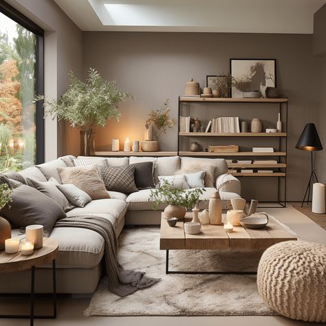 Taupe Couch Decor, House Couches Living Rooms, Grey And Oatmeal Living Room, Mink Living Room, Living Room Ideas Japandi, Beige Living Room Designs, Taupe Wall Color Living Room, Living Room Designs Carpet, Cozy Wall Colors Living Rooms