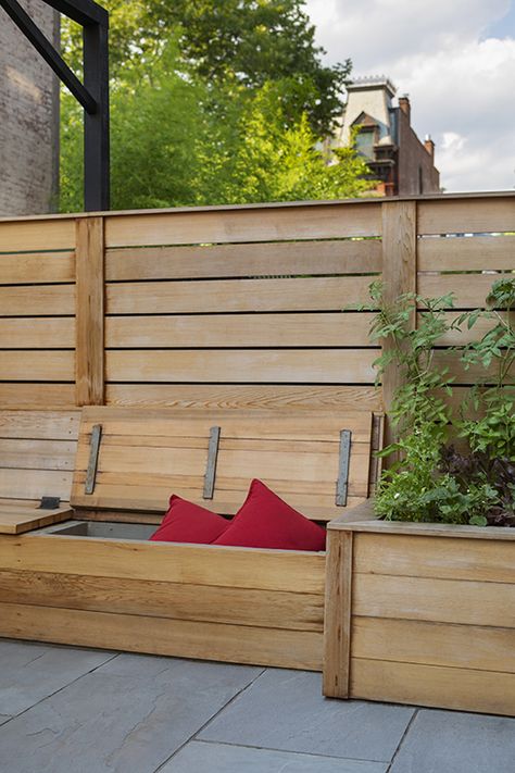 Deck Bench Seating, Garden Bench Seating, Outdoor Bench Seating, Creative Storage Ideas, Outdoor Storage Bench, Outdoor Shed, Storage Bench Seating, Garden Rustic, Diy Patio Decor