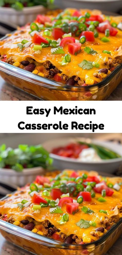 Easy Mexican casserole. Perfect for a simple, hearty meal! Mexican Casserole With Hamburger Meat, Baked Mexican Dishes, Hamburger Mexican Casserole, Mexican Casseroles Using Ground Beef, Mexican Pie Casserole, Mexican Casserole With Beef Doritos, Hamburger Meat Recipes Mexican, Mexican Hamburger Casserole Recipes, Mexican Casserole With Beef Easy