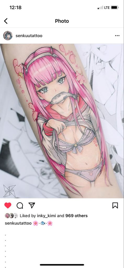 Zero Two Tattoo Design, Anime Pinup Tattoo, Zero Two Tattoo Ideas, Waifu Tattoo, Kawaii Tattoo Ideas, Anime Pastel, Pinup Tattoo, Cow Tattoo, Tattoo Anime