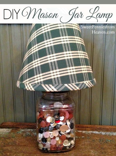 Mason Jar Lamps, Upcycle Jars, Framed Recipes, Jar Lamps, Button Projects, Spools Of Thread, Diy Mason Jar, Mason Jar Projects, Small Collectibles