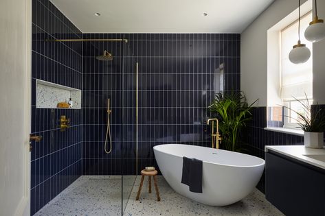 What We Know About Your Bathroom Renovation Choices in 2023 | Houzz UK Big Bathroom Design, Navy Blue Tile, Black Bathroom Furniture, Shower Over Bath, Sophisticated Bathroom, Bathroom Design Trends, Bathroom Design Ideas, Bathroom Color, Big Bathrooms