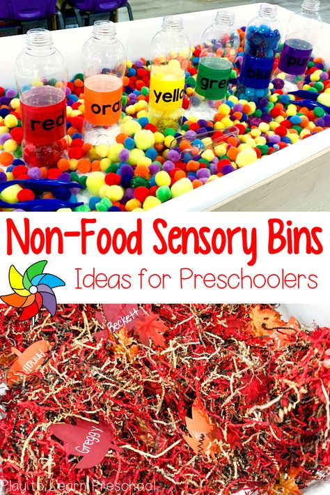 This visual directory of non-food sensory bin ideas for preschoolers will help teachers plan the bin filler, accessories, and learning objectives. Kids Sensory Activities, Sensory Bin Ideas, Sensory Activities For Preschoolers, Toddler Sensory Bins, Ideas For Preschoolers, Sensory Activities Toddlers, Toddler Sensory, Sensory Boxes, Teacher Planning