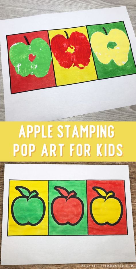 Apple stamping pop art for kids inspired by Andy Warhol. An easy apple craft for a fall theme. Apple Crafts Elementary School, Apple Art And Craft, Apple Art Kindergarten, September Art Projects For Kids, Apple Art Projects, Apple Stamping, Famous Artists For Kids, Apple Template, Apple Crafts