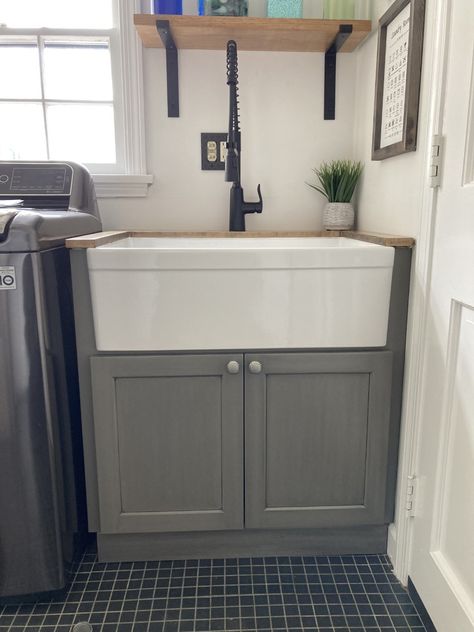 Farmhouse sink for a laundry/mud room upgrade | Designer & Builder: Pearl & Sons Furniture Design LLC Laundry Vanity Sink, Mud Room Sink Cabinet, Farm Sink Laundry Room, Mudroom Sink Ideas, Laundry Room Farmhouse Sink, Laundry Sink Makeover, Mudroom With Sink, Mud Room Sink, Laundry Sink Cabinet