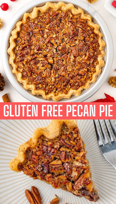 A slice of pecan pie and a photo of the pie. Low Sugar Pecan Pie Recipe, Low Sugar Pecan Pie, Gluten Free Pie Crust Easy, Gluten Free Pecan Pie Recipe, Dairy Free Pecan Pie, Paleo Pecan Pie, Healthy Pie, Sugar Free Pecan Pie, Gluten Free Desserts Thanksgiving