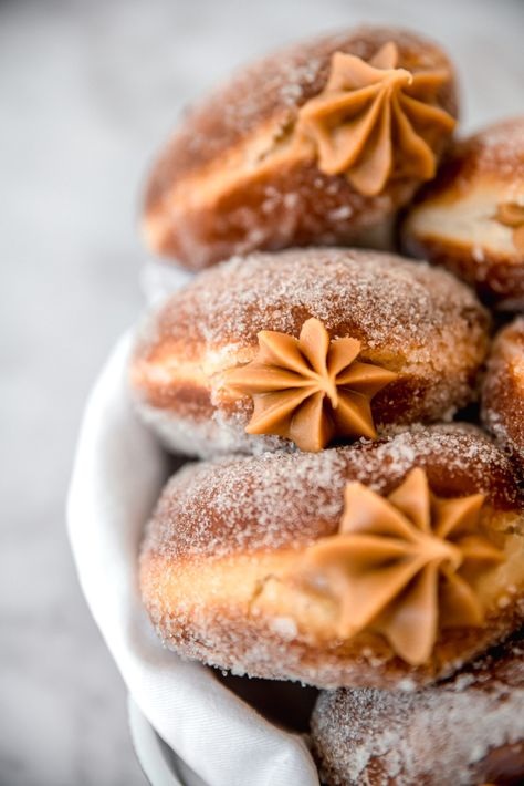 Salted Butter Caramel Brioche Doughnuts - My Secret Confections Caramel Doughnuts, Pumpkin Spice Donut, Butter Caramel, Pumpkin Custard, American Desserts, Homemade Donuts, Pumpkin Flavor, Donut Recipes, Salted Butter