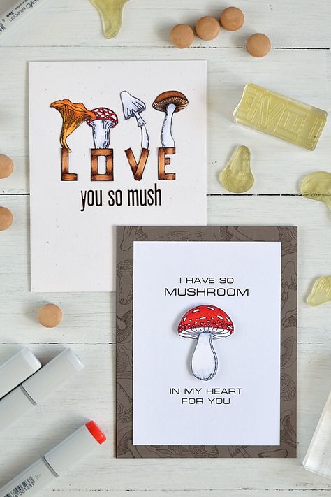 Two cards with pun mushroom sentiments. Lesia Zhgarda stamps.Details: http://craftwalks.com/2017/03/29/lesia-zhgarda-mushrooms/ I Love You So Mushroom, Mushroom Birthday Cards Diy, Mushroom Cards Handmade, Mushroom Puns Love, Mushroom Christmas Card, Mushroom Valentine Card, Mushroom Birthday Cards, Mushroom Puns, Mushroom Cards