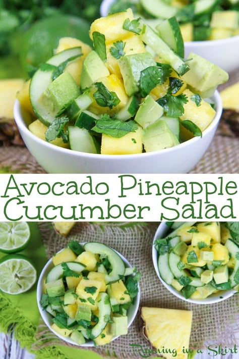 Avocado Pineapple Cucumber Salad recipe - healthy Mexican inspired side dish with cilantro and lime. Simple, vegan, paleo, whole 30, no added sugar! Fresh and perfect for summer. / Running in a Skirt #mexican #summerrecipe #recipe #healthy #vegan #paleo #nosugar #cucumber #vegetables #salsa Salsa Breakfast, Pineapple Cucumber Salad, Pineapple Cucumber, Cucumber Salad Recipe, Chef Dinner, Summer Running, Healthy Mexican, Cucumber Recipes Salad, Best Salad Recipes