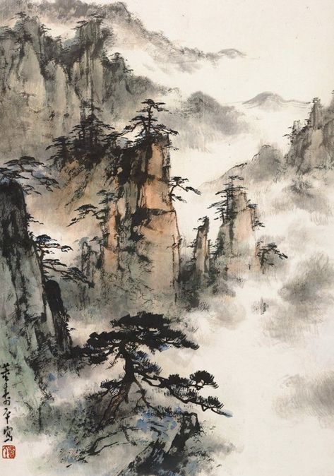 Chinese Mountains, Clouds Painting, Japanese Ink Painting, Chinese Illustration, Asian Landscape, Painting Styles, Japan Painting, Chinese Landscape Painting, Chinese Art Painting