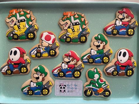 Mario Kart Birthday Cookies, Mario Cart Cookies, Mario Kart Cookies Decorated, Mario Kart Cookies, Mario Kart Birthday, Go Kart Party, Mario Kart Party, Car Cookies, Rainbow Craft