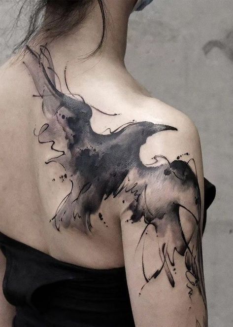 Raven Tattoo Chest Woman, Raven Back Tattoo Women, Fantasy Tattoos, Face Tattoo, Village Life, Shoulder Tattoo, Dark Fantasy, Tattoos For Women, Tattoos