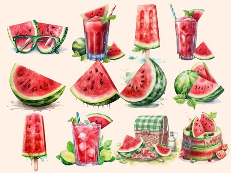 Watermelon Drawing, Watermelon Watercolor, Watermelon Clipart, Watermelon Illustration, Watercolor Watermelon, Fruit Watermelon, Fruit Clipart, Watermelon Art, Tropical Illustration