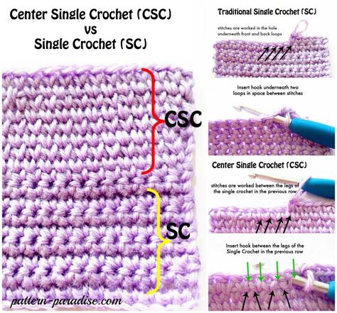 Tutorial: Center Single Crochet (CSC) by Pattern-Paradise.com Different Crochet Stitches, Crochet Geek, Crochet Lessons, Stitch Ideas, Crochet Tapestry, Crochet Stitches Tutorial, Crochet Instructions, Crochet Stitches Patterns, Crochet Diagram