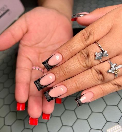 Acrylic Nail Designs Red Bottoms, Red Bottoms Nails Acrylic, Red Bottoms Nails Black, Bottom Color Nails, Long Square Acrylic Nails Red And Black, Nail Inspo Red Bottoms, Short Black Red Bottom Nails, Short Black Acrylics With Design, Red Black And White Acrylic Nails