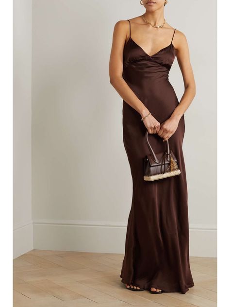 FAITHFULL + NET SUSTAIN Santiana LENZING™ ECOVERO™-satin maxi dress | NET-A-PORTER Tight Wedding Guest Dress, Tan Satin Dress, 90s Fashion Prom Dresses, Formal Dress Open Back, Winter Evening Dresses Elegant, Orange Brown Dress, Brown Tone Bridesmaid Dresses, Brown Satin Maxi Dress, Senior Formal Dress