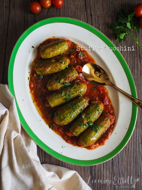 Stuffed Lebanese Zucchini Kousa Mahshi @ Not Quite Nigella Kousa Mahshi Recipe, Ground Beef Stuffed Zucchini, Kousa Mahshi, Marrow Recipe, Beef Rice, Stuffed Zucchini, Middle Eastern Dishes, Vegetable Dish, Lebanese Recipes