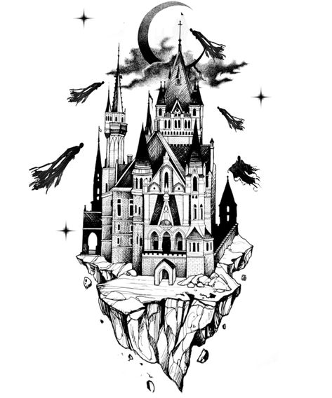 Harry Potter Castle Tattoo, Hogwarts Castle Drawing, Castle Sketch, Harry Potter Castle, Castle Tattoo, Castle Drawing, Gothic Castle, Crow Tattoo, Witch Tattoo