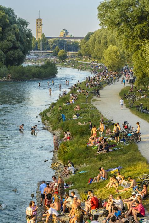 People on Isar river, Munich, Germany. Unidentified people, enjoy the sunset on , #SPONSORED, #Munich, #Germany, #Unidentified, #People, #Isar #ad Landscape Space, Sponge City, City Branding, Urban Landscape Design, Riverside Park, Modern Landscape Design, River Park, Architectural Sketch, Green City