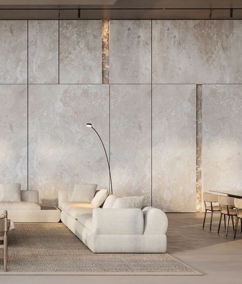 Travertine Wall Design, Stone Cladding Interior Walls, Cladding Living Room, Stone Panelling, Exposed Concrete Interior, Stone Cladding Interior, Concrete Interior Design, Living Room Interiors, Architecture Portfolio Layout