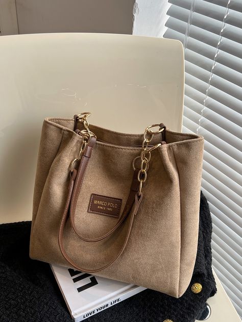 Khaki Casual,Fashionable Collar  Fabric Colorblock,Letter Shoulder Tote Bag Embellished   Women Bags Handbags For School, Suede Tote Bag, Everyday Handbag, Beg Tangan, Suede Tote, Suede Fashion, Casual Tote, Shoulder Tote Bag, Chain Shoulder Bag