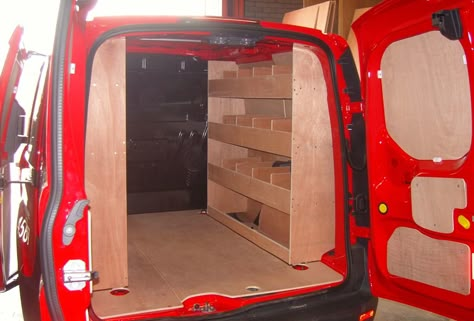 Ford Connect L1 H1 - offside shelving Ford Transit Work Van Ideas, Transit Connect Shelving, Ford Transit Custom Racking Ideas, Ford Transit Rear Door Storage, Ford Transit Connect Shelving, Work Truck Storage, Ford Transit Adventure Van, Van Racking Systems, Van Shelving