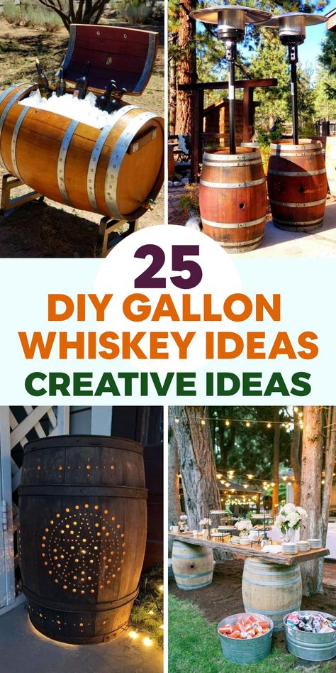 If you own a few empty gallon whiskeys, here are brilliant DIY upcycling projects to inspire you. From outdoor furniture, and raised garden beds, to backyard Barrel Decor Ideas, Entertainment Area Ideas, Diy Whiskey Barrel, Whiskey Barrel Decor, Repurposed Bottles, Diy Upcycling Projects, Whiskey Barrel Table, Wine Barrel Crafts, Barrel Crafts