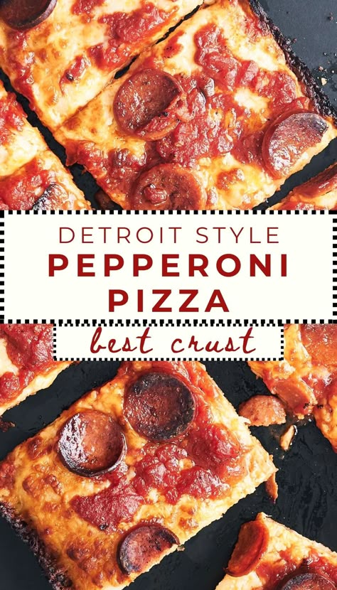 Master the art of making Detroit-style pan pizza at home with our straightforward recipe. Enjoy the crispy crust, fluffy dough, and gooey brick cheese topped with your favorite ingredients like pepperoni. Homemade pizza recipes Detroit Deep Dish Pizza Recipe, Detroit Style Pizza Dough Recipe, Detroit Pizza Recipe, Deep Dish Pizza Dough Recipe, Deep Dish Pizza Crust Recipe, Detroit Style Pizza Recipe, Pan Pizza Recipe, Homemade Pizza Recipe Easy, Homemade Pizza Rolls