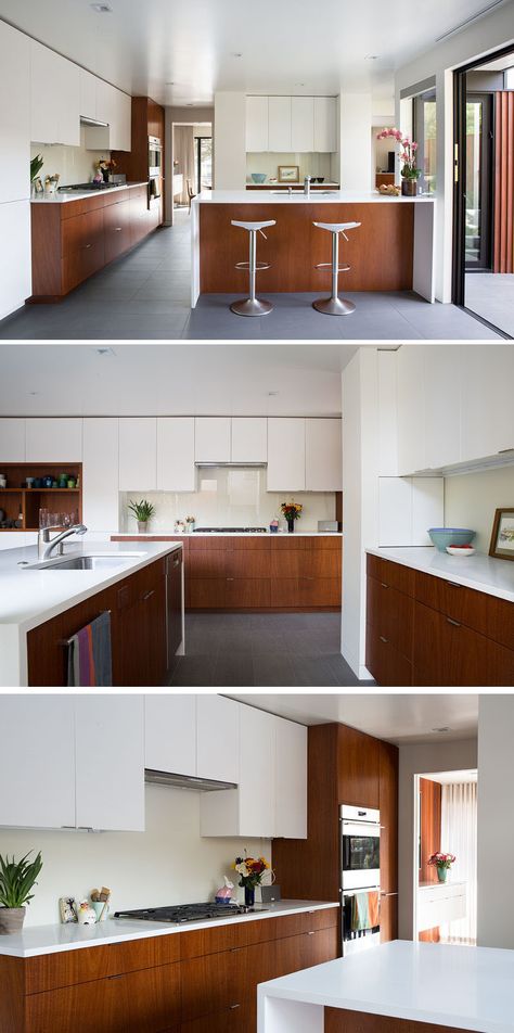 This kitchen was white and mahogany cabinetry, and a central island provides plenty of space for entertaining. Mahogany And White Kitchen, White And Mahogany Kitchen, Cherry Floor Kitchen Modern, Eichler Kitchen, Mahogany Kitchen, Contemporary Remodel, Countertop Choices, Corner Cupboard, Eichler Homes