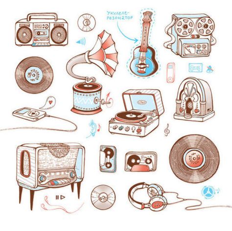 music, guitar, and drawing image Retro Radio Drawing, Retro Radio Illustration, Retro Doodles, Radio Illustration, Radio Drawing, Music Doodles, Music Making, طابع بريدي, Music Illustration