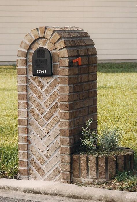 Brick Mailboxes, Mailbox Designs, Stone Mailbox, Brick Mailbox, Herringbone Brick, Brick Planter, Mailbox Makeover, Mailbox Landscaping, Diy Mailbox