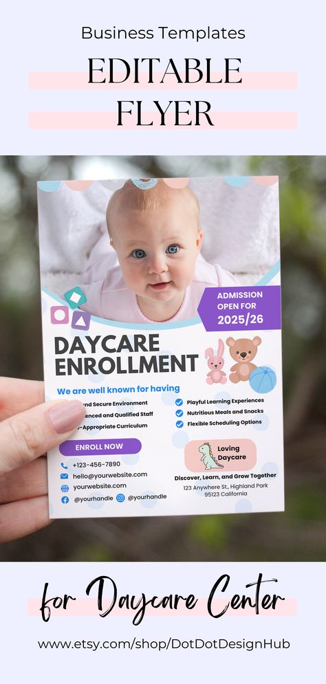 This Editable Flyer for Preschool Daycare Enrollment template is perfect for you to promote your daycare, childcare and nursery services. It is easy to edit with Canva. This flyer or brochure is ideal for daycare center, childcare center, kindergarten, preschool childcare center, babysitting and nursery to promote your preschool's early education programs. This modern and attractive editable flyer / brochure /leaflet is designed with real text that can be used as an inspiration to write yours. Nursery Flyer Design, Preschool Brochure, Advertising Flyers, Daycare Center, Childcare Center, Day Care, Child Care, Early Education, Business Profile