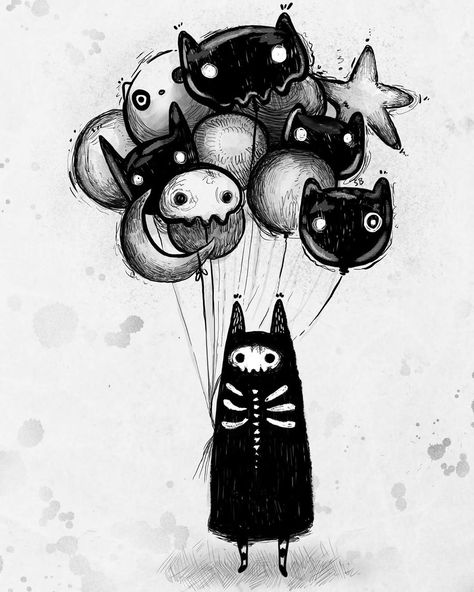 Stephanie Bayles 🖤 Illustrator on Instagram: “Inktober 52 ~ Balloon 🎈 . . . #🎈#ink #digital #digitalink #blackandwhite #art #illustration #inktober52 #ink52 #drawing #creature #myart…” Stephanie Bayles, Guild Of Calamity, Tiny Ghost, Wood Illustration, Doodle Paint, Creepy Cat, Spooky Tattoos, Cartoon Pictures, Goth Art