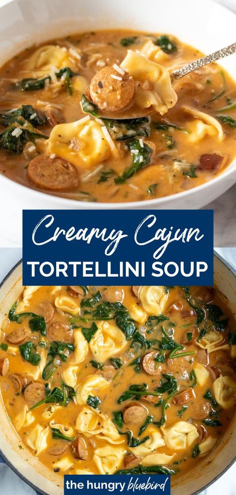 Soup With Cajun Sausage, Soup Recipes With Andouille Sausage, Cajun Sausage Recipes For Dinner, Cajun Pasta Soup, Spicy Chicken Tortellini Soup, Andouille Sausage Tortellini, Cajun Tortellini Alfredo, Cajun Chicken Tortellini Recipes, Smoked Sausage Tortellini Soup