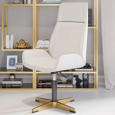 Leather Office Desk Chair High Back Adjustable Swivel Executive Chair in White & Gold Desk Chair Ideas, Spa Design Ideas, Offices Ideas, Desk And Table, Wooden Writing Desk, Upholstered Office Chair, Working Office, Living Room Desk, Gold Office