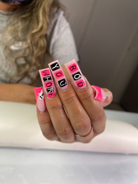 Pink square nails Cute Nail Sets Art Designs, Mean Girls Nails Acrylic, Mean Girls Inspired Nails, Mean Girls Nails Ideas, Burn Book Nails, Mean Girl Nails, Braiders Nails, Mean Girls Nails, Word Nails