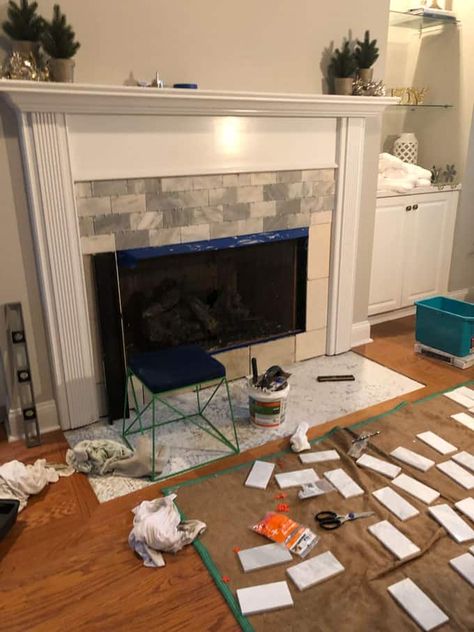 Update Fireplace Surround, Updating Fireplace, Diy Fireplace Surround, Fireplace Surround Tile, Subway Tile Fireplace, How To Install Tile, Diy Tiling, Tile Around Fireplace, Tile Over Tile