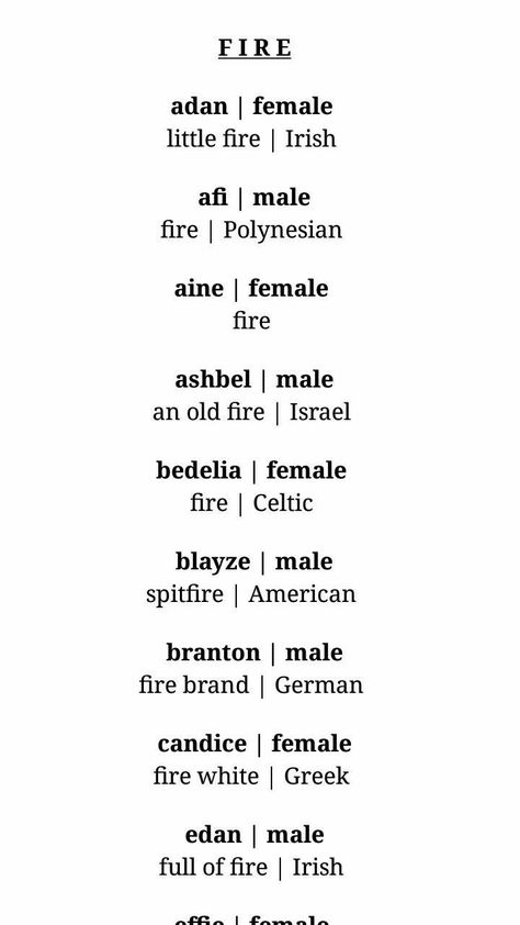 Names meaning Fire Names For Your Story, Aesthetic Names With Meaning, Story Name Ideas, Main Character Names, Names For Book Characters, Fire Names, Character Name Ideas, Girl Character Names, Last Names For Characters