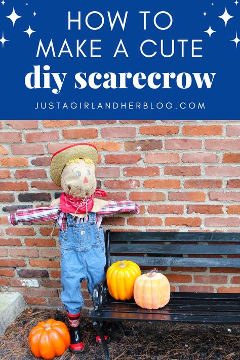 Learn how to make a simple, cute outdoor door scarecrow step-by-step, using only a few supplies! | #scarecrow #diyscarecrow #halloweendecor #falldecor Abby Lawson, Make A Scarecrow, Scarecrow Doll, Diy Scarecrow, Fall Harvest Party, Organizing Printables, Storage And Organization Ideas, Harvest Party, Outdoor Doors