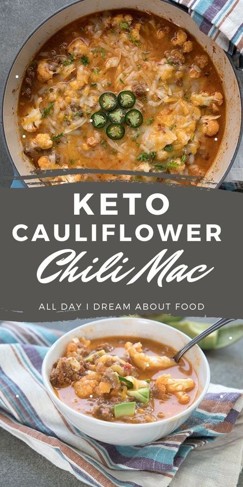 Keto bean-free chili with plenty of cheddar and tender cauliflower florets. A healthy take on chili mac, and a family friendly recipe! Keto Chili Mac, Keto Chili, Chili Mac And Cheese, Food Keto, Quick Food, Chili Mac, Keto Soup, Slow Cooker Chili, Low Carb Soup