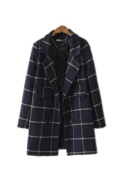 Christina Navy Blue Plaid Boyfriend Coat Oversized Lapel Coat, Plaid Winter Coat, Boyfriend Coat, Long Grey Coat, Navy Wool Coat, Tartan Coat, Faux Jacket, Plaid Wool Coat, Navy Blue Coat